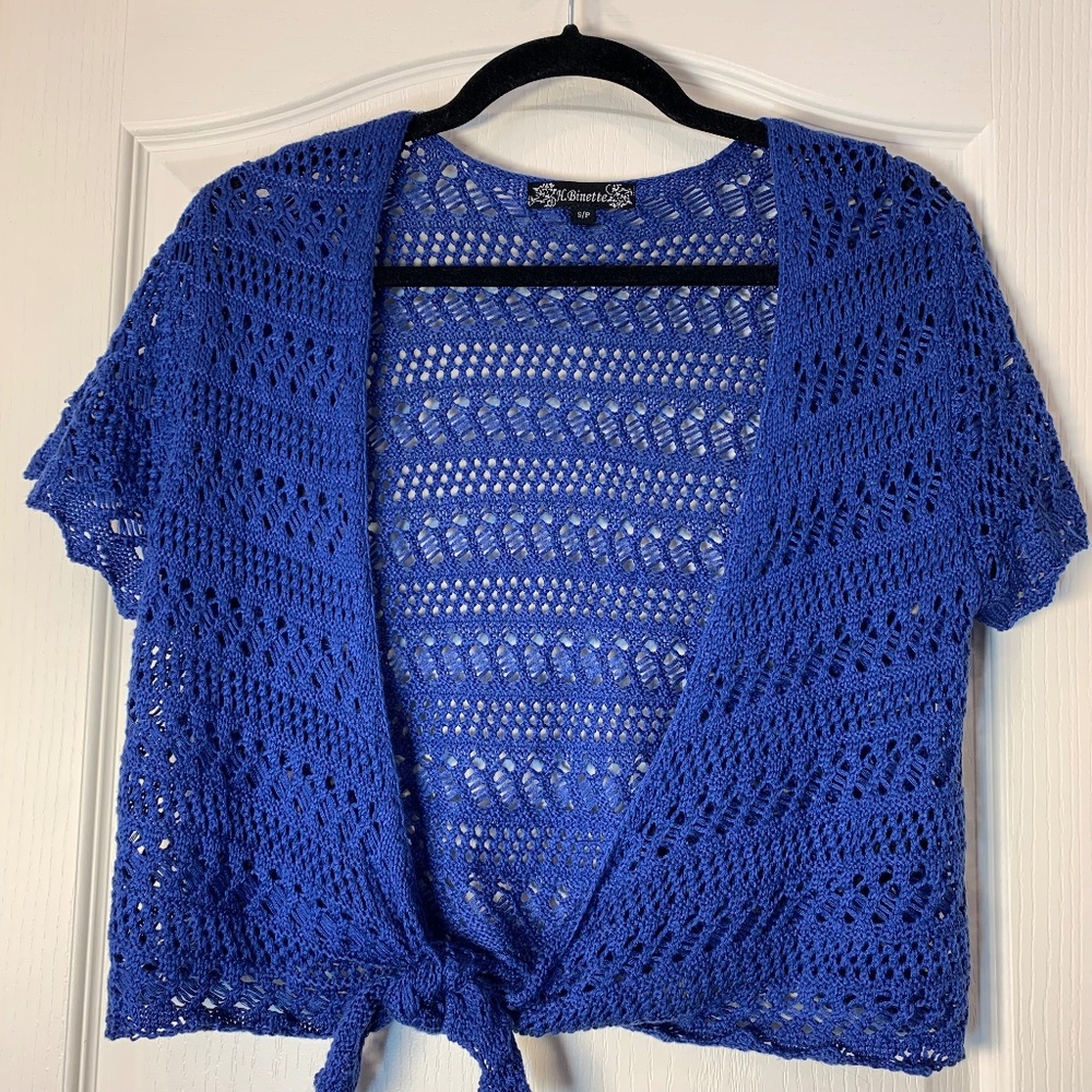 Blue Crochet Tie-Front Crop Cardigan Boho Festival Beach‎ Top Small Y2K